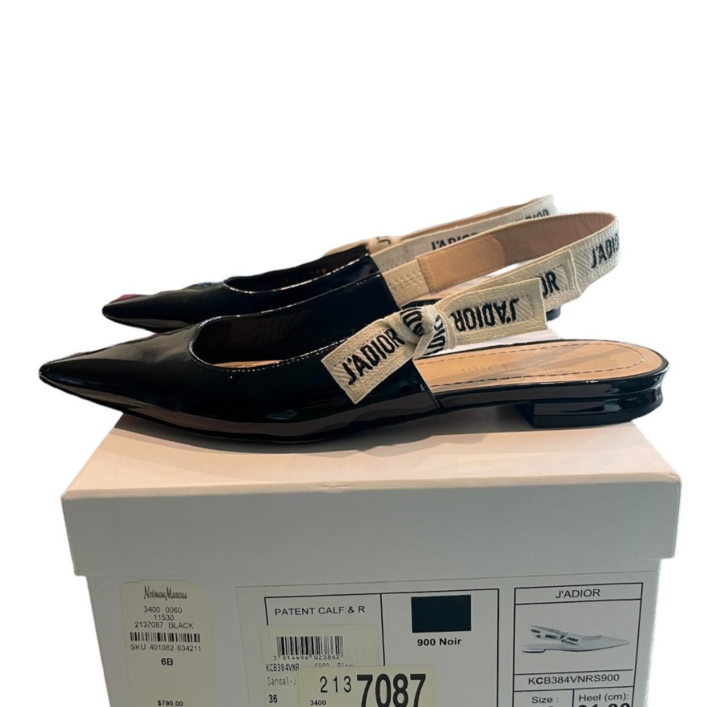 CHRISTIAN DIOR J'adior 100mm Black White Ribbon Patent Leather Slingback Flat 36
